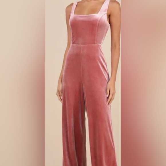 Lulus Pants - Velvet Wide-Leg Jumpsuit in Dusty Rose